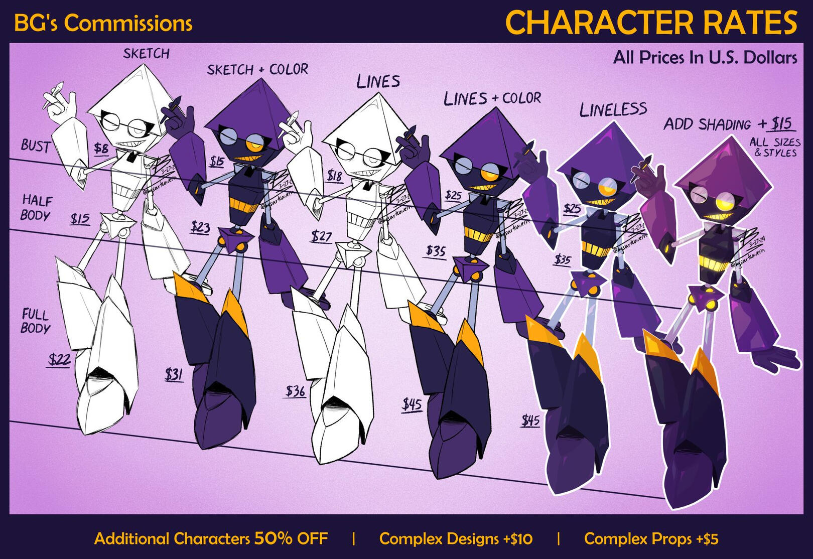 A sheet of prices for various sizes and styles of commissions, with BG the purple robot for examples. Prices range from $6-$45 for a single character. Shading is $15 extra. Extra characters are 50% off. Complex designs add $10, complex props add $5.