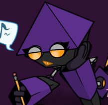A cartoon image of BG, a purple angular robot, whistling as they draw. Art by me.