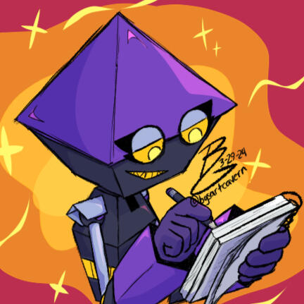 BG, the purple angular robot, doodling in a sketchbook.