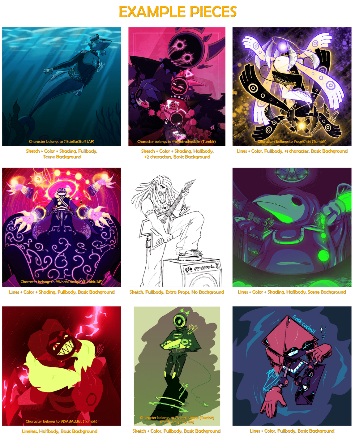 Examples of my past art pieces in various styles and sizes. It includes robots, shape heads, humans, and object heads.